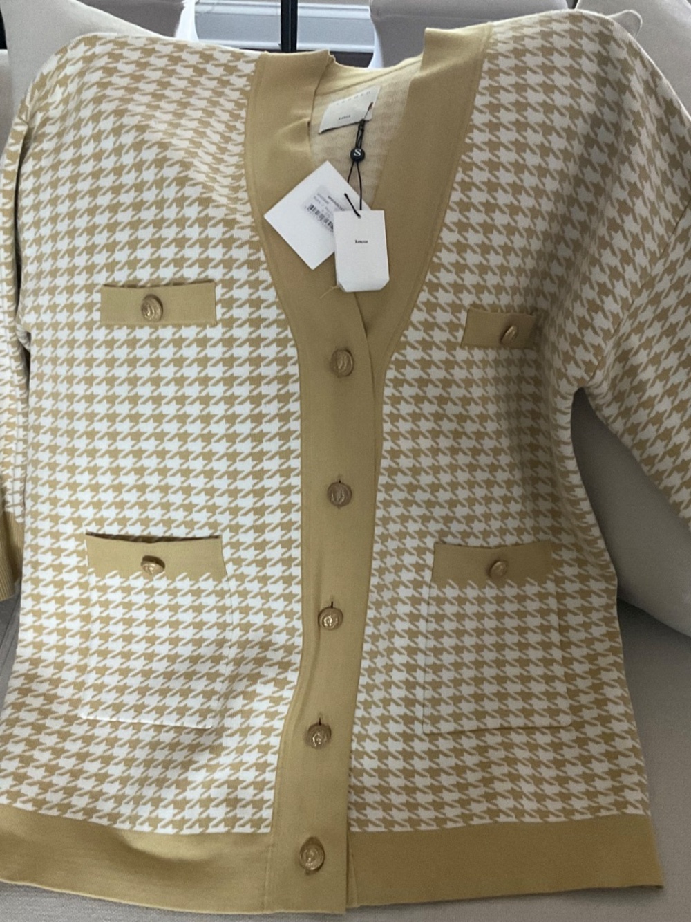 NWT SANDRO PARIS HOUNDSTOOTH CARDIGAN IN BEIGE/YELLOW SIZE 3 ( L ) - Picture 6 of 16